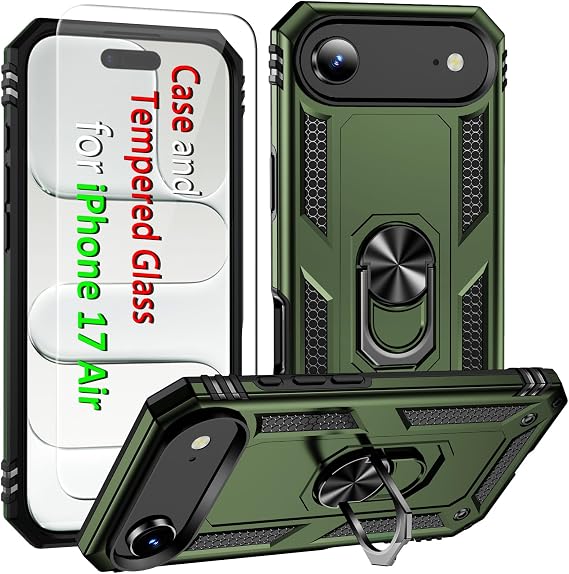 ADDIT i Phone 17 Air Case, for iPhone 17 Air Case with Tempered Glass Screen Protector, Adjustable Kickstand Ring, Military-Grade Heavy Duty Protection, Shockproof, Anti-Fingerprint,ArmyGreen