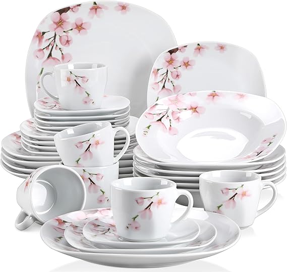 VEWEET 30 PCS Ceramic Dinnerware Sets for 6, Pink Floral Dish Set, ANNIE
