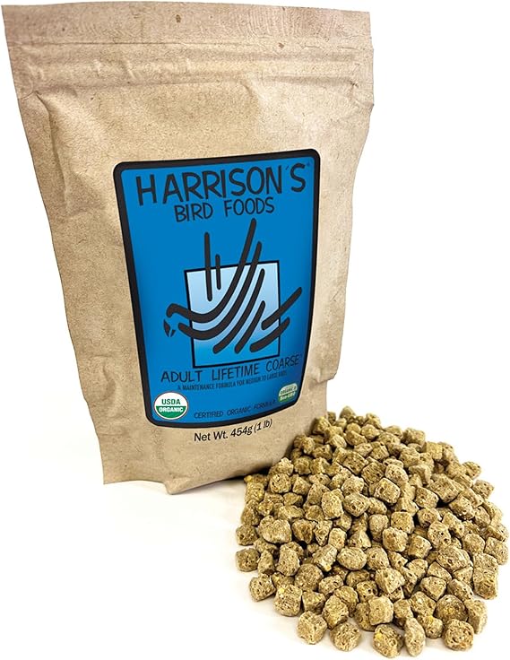 Harrison's Bird Foods Adult Lifetime Coarse Certified Organic Non-GMO Daily Maintenance Formula for Medium to Large Birds, Parrots, Cockatoos, Macaws etc, Suitable for All Life Stages, 454g / 1lb