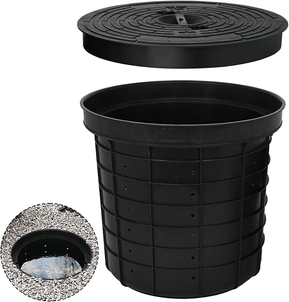 15 Gallon Sump Pump Basin with Lid Perforated Sump Basin Pump Bucket 16.9" x 18.5" x 15.8" Black Catch Pump Basin with Drilled Holes for Driveways, Patio Decks, Underground Spaces