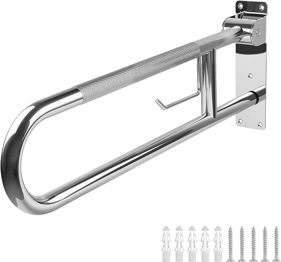 Handicap Grab Bar, 29.5 Inch Stainless Steel Toilet Safety Rails, Disabled Flip-Up Bathroom Grab Bars with Paper Holder, Anti-Slip Toilet Handrails Hand Grips Handicap Grab Bars for Elderly