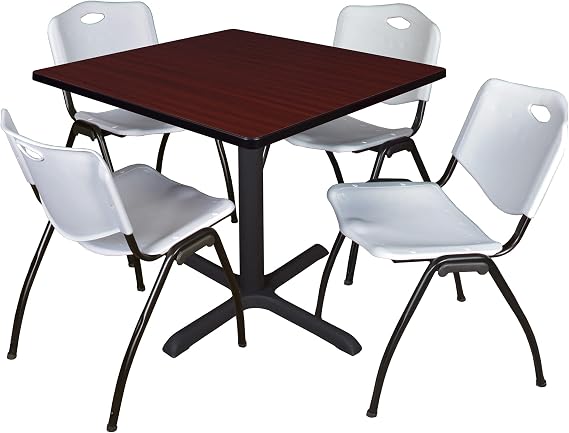 Regency Cain 36 in. Square X-Base Breakroom Table- Mahogany & 4 M Stack Chairs- Grey