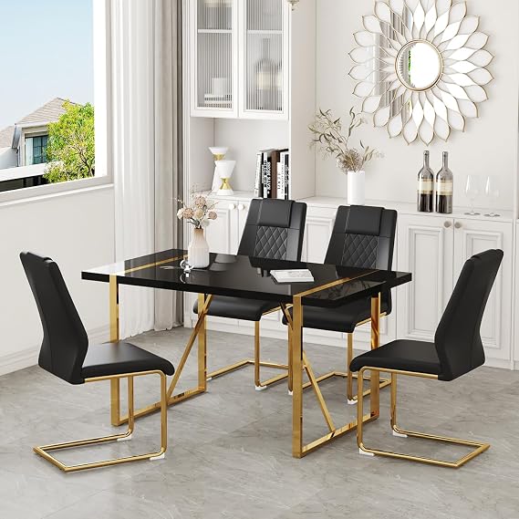 55 Modern Dining Table Set for 4, Black Dining Tabletop and Golden Metal Frame, Rectangle Dining Room Table with 4 Black Upholstered Dining Chairs. Dinner table Set for Kitchen and Dining Room.