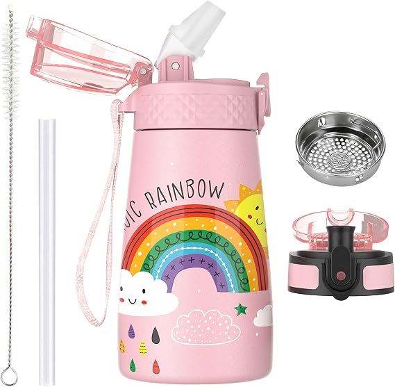 OLDLEY 350ml/12oz Kids Stainless Steel Water Bottle with Straw for School with 2 Different Lid Metal Vacuum Insulated Water Bottles Small Flask for Boys Girls Toddler Children Hot Cold Drinks BPA Free