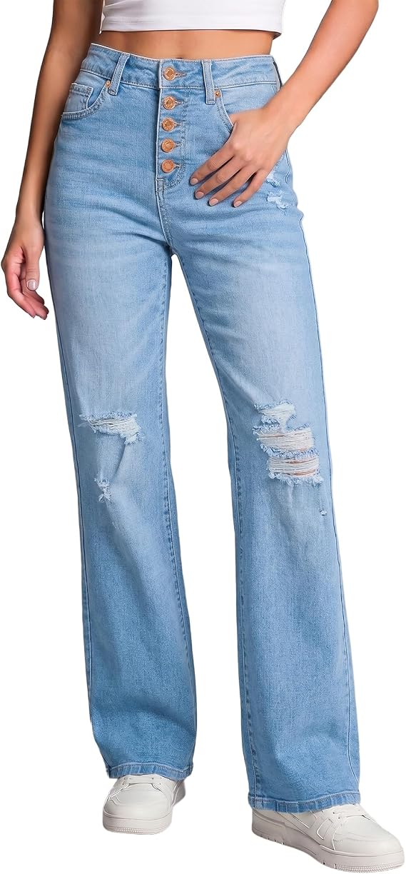 LookbookStore High Waisted Ripped Flare Jeans for Women Distressed Bell Bottom Jeans Wide Leg Pants