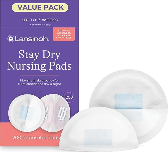Lansinoh Stay Dry Disposable Nursing Pads, Soft and Super Absorbent Breast Pads, Breastfeeding Essentials for Moms, 200 Count