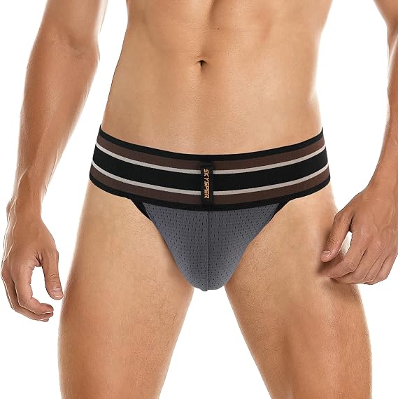 SKYSPER Jockstrap Athletic Supporters for Men Jock Strap Male Underwear Men's Thong Jockstrap Underwear, V03-gray, Small