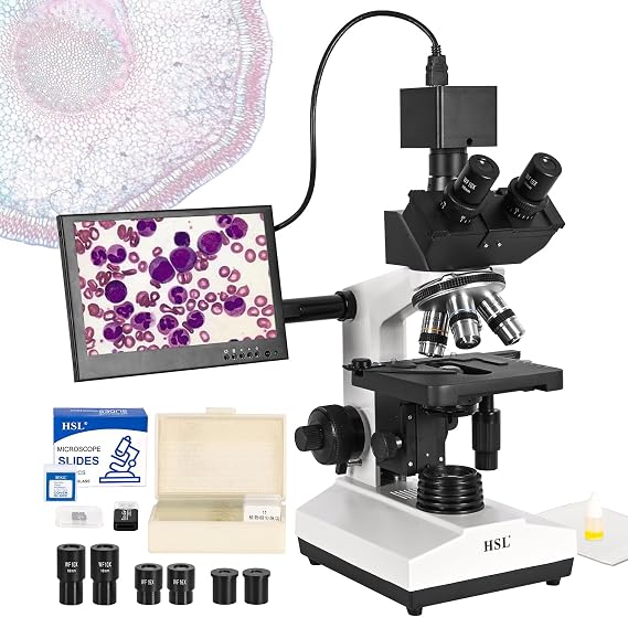 HSL 8-inch LCD Compound Trinocular Microscope,40x-2500x Professional Biological Microscopes for Adults Laboratory,2K Camera Digital Microscope LED WF10x and WF25x eyepieces ABBE Condenser