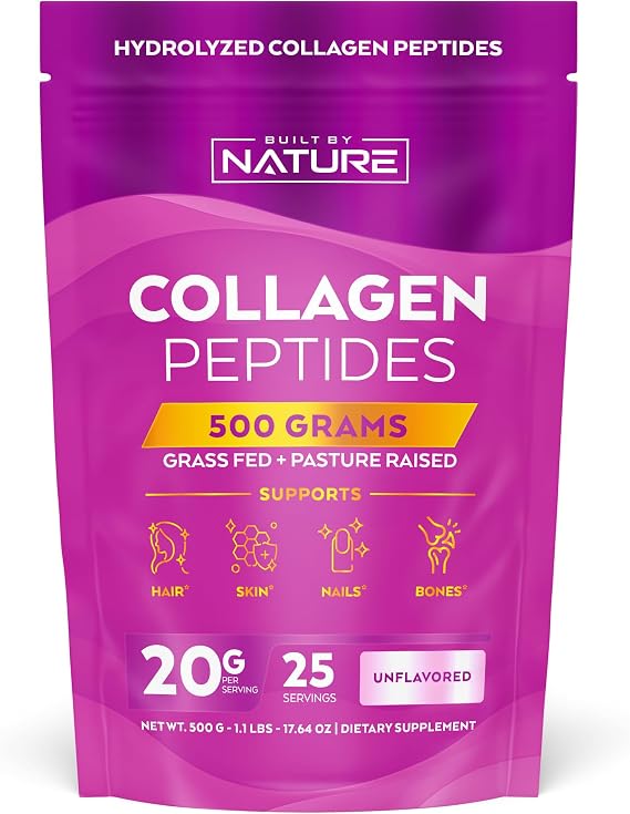 Built by Nature Collagen Peptides Powder for Women, Unflavored, 500 Grams Hydrolyzed Collagen Protein, Platinum Grade, Grass Fed, Non-GMO, Hair, Skin, Nails Supplement