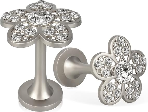 Curtain Holdbacks, Curtain Tiebacks Hooks Crystal Flower Decorative Modern Drapery Holdback Round Wall Mounted Metal Tassel Curtain Pull Back Silver Curtain Holders for Drapes, 2 Pack