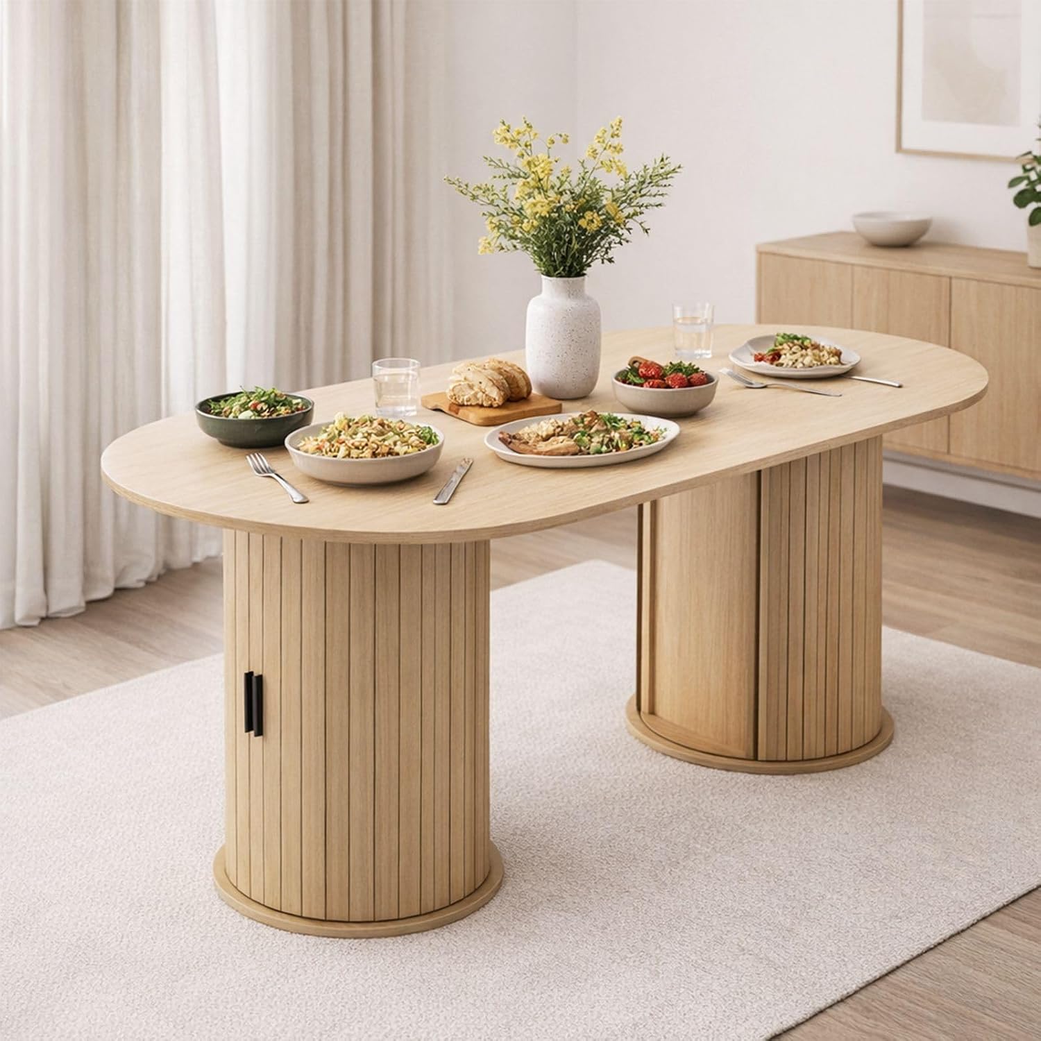 WestWood Dining Table With Leg Storage Cabinet, Wide Oval Tabletop Kitchen Table with Revolving Door and 3-Tier Shelves, Dining Table for Kitchen & Dining Room Natural