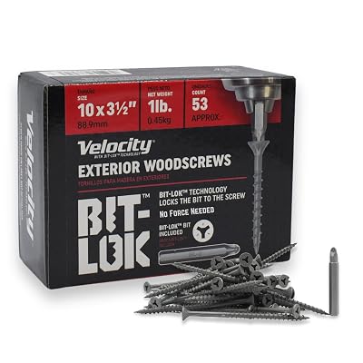 Velocity 3 12 Exterior Wood Screws Size #10 BIT-LOK Technology Zero Force to Install Construction Screws, Organic Grey Rust Resistant Coating, Wood Repair Kit with Bit-Lok Drive Bit, 1lb Box