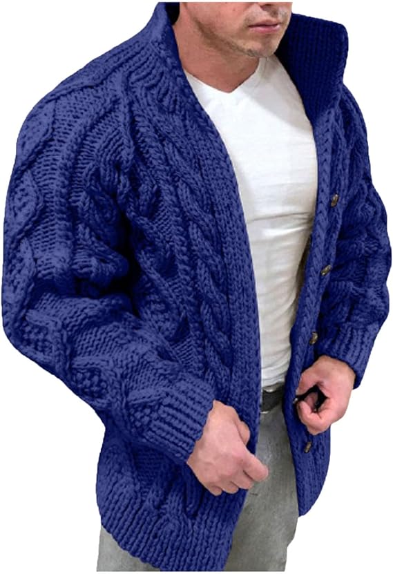 2024 Fashion Knitwear for Men's Sweater Coat Retro Lapel Button Plus Size Cable Knited Cardigan Henley Sweater