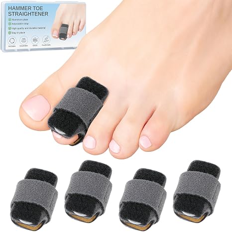 4pcs Hammer Toe Straightener with Aluminum Plate, Adjustable Hammer Toe Corrector for Women & Men,Toe Splints Wraps Relief for Curled, Bent Toes,Crooked (Large)