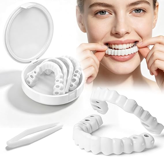 Adjustable Snap-On Veneers Dentures Set Upper Lower Teeth Covers Tooth Caps, Natural Look False Teeth Kit for Men Women