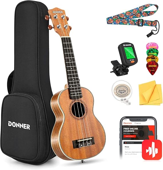Donner Soprano Ukulele Beginner Kit - 21 Inch Mahogany Wood Adult Starter Set with Free Online Lessons and Nylon Strings