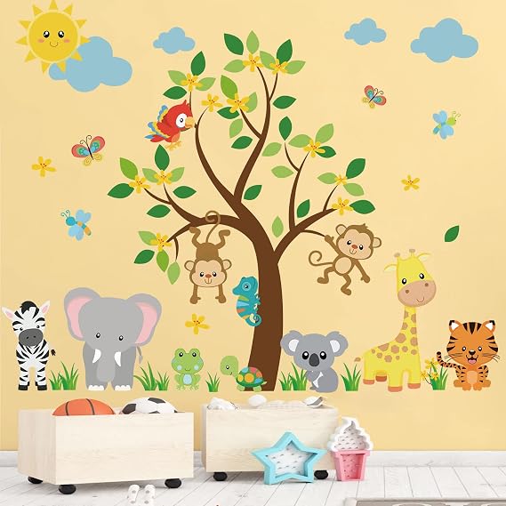 Jungle Animal Wall Stickers Monkey Tree Wall Decals Elephant Giraffe Tiger Wall Sticker for Kids Girls Boy Baby Nursery Playroom Bedroom Living Room Kindergarten Wall Decor