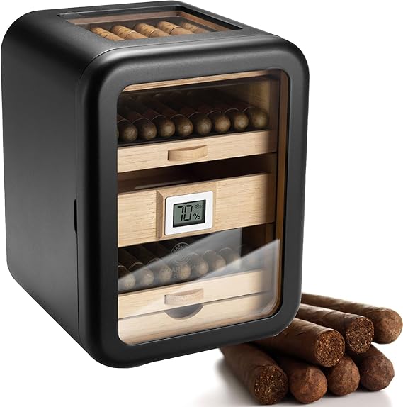 New Electric Ciagr Humidor Cabinet, Humidity & Temp Control Electric Humidors for Cigars, 110 Counts, Cigar Humidors with Spanish Cedar Drawer Shelves, Gifts for Men(Black,WithSunroof)