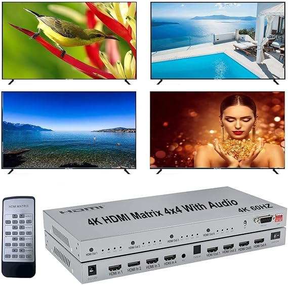 4K HDMI Splitter, 4in 4out Matrix HDMI Switch, HDMI 2.0 Support 3840x2160@60HZ with Audio Switch, IR Remote+ Button Press + RS232 Control, Support EDID Audio Extractor, 3D, HDR, 18 GBPS, HDCP 2.2