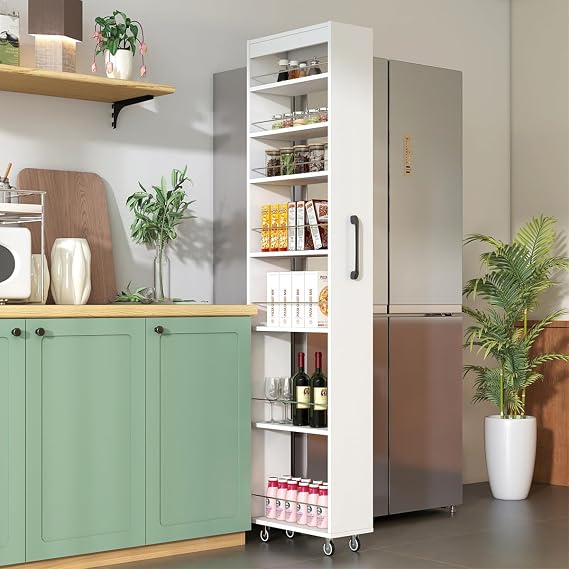 Tall 7-Tier Slim Pull-Out Storage Cart, Narrow Rolling Storage Cabinet with Black Handle for Next to Fridge, Multi-Functional Kitchen Cart, Single-sided open shelf on Wheels for Kitchen (White)