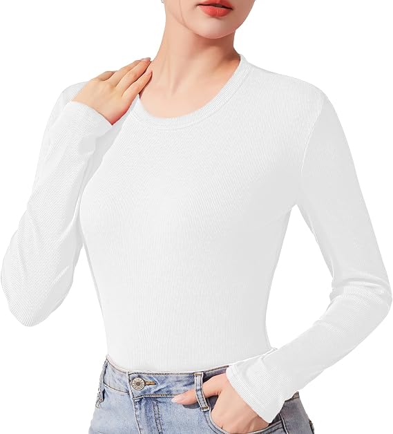 Ribbed Knit Long Sleeve Shirts for Women Slim Fitted Crewneck Tee Tshirts Casual Basic Tops Tight Undershirts
