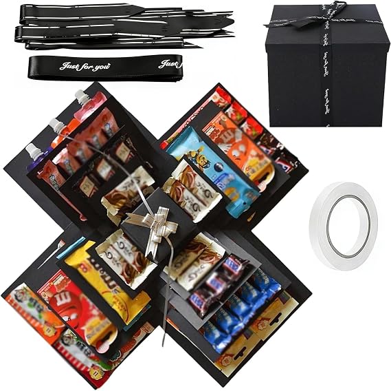 5 Layer Creative Explosion Gift Box, Snack Explosion Box with Ribbon and Double-Sided Tape, Exploding Gift Box, DIY Surprise Box for Birthdays, Valentine's Day, Wedding, Anniversaries (Black)