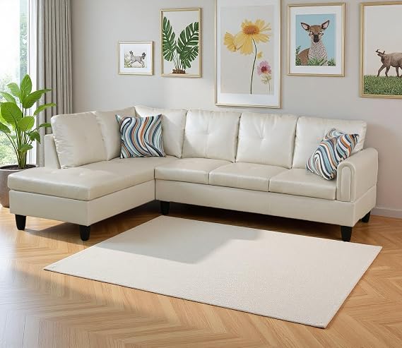 Faux Leather Sectional Sofa Couch Set, L-Shape Sofa Sectional Couch with Curved Armrest, Sectional Sofa with Left Facing Chaise for Living Room(Pearl)