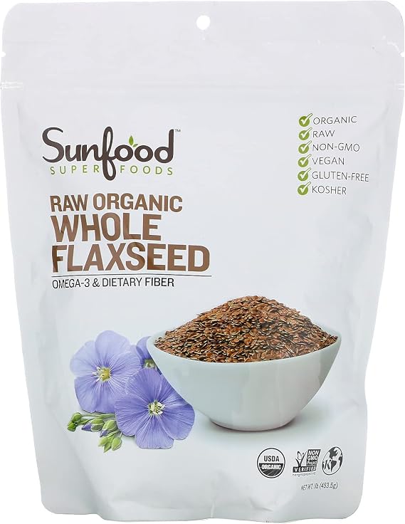 Sunfood Superfoods Raw Organic Whole Flaxseed - Flax Seed for Smoothies, Natural Fiber Source, Topping for Salad or Oatmeal, Non-GMO, Vegan, Gluten Free, Earth Kosher - 1 lb Bag