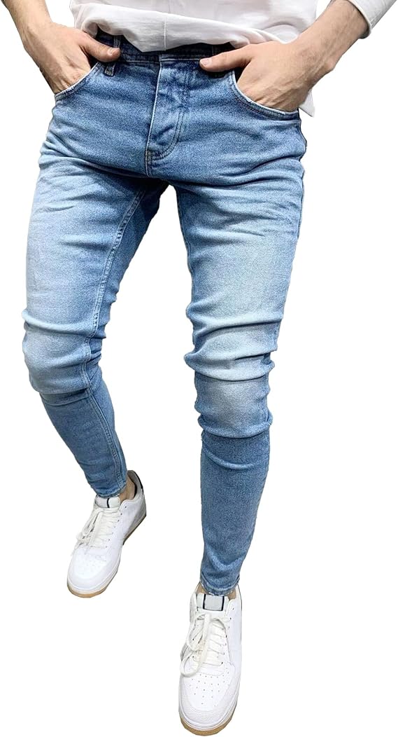Mens Slim Fit Skinny Denim Pants Stretchy Mid Rise Solid Color Men Jeans Stretch Ripped Tapered Leg Jean