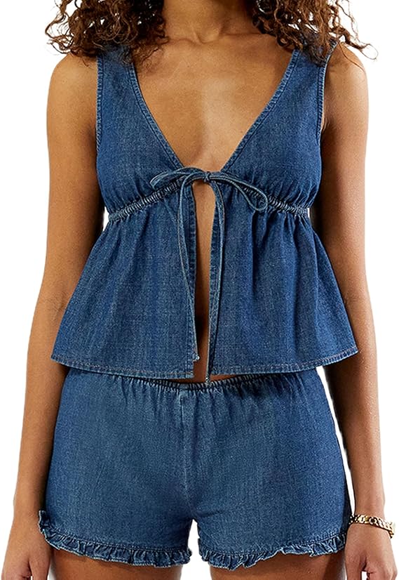 Yoawdats Women's Denim 2 Piece Set Casual Sleeveless Jean Blazer Vest Tops and Shorts Business Outfit Jeans Tracksuits