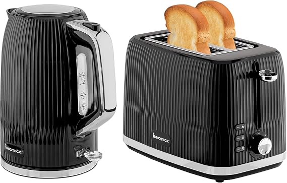 INNOTECK 1.7L Electric Kettle & Toaster Set, Black Textured Stainless Steel