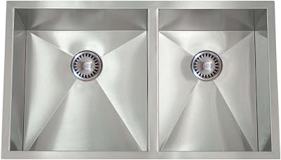 Lenova PC-SS-0Ri-D1 PermaClean 16-Gauge Stainless Steel Unequal Double Bowl Under-Mount Kitchen Sink, 32 x 19-Inch