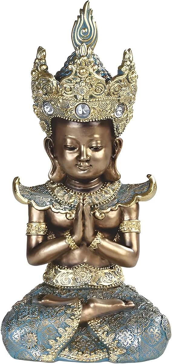 ICE ARMOR 10.5" H Thai Buddha Praying in Gold and Silver Statue Feng Shui Decoration Religious Figurine Office Desk/Home/Living Room/Table Decor, Perfect House Warming Gifts for new Home
