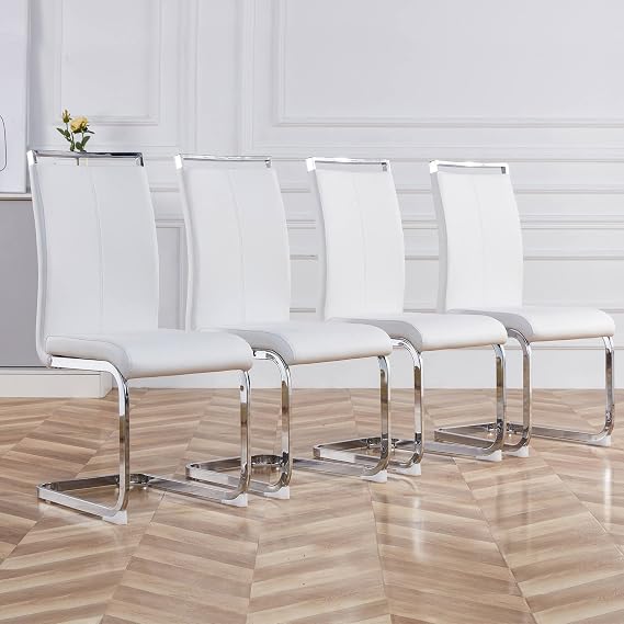 Modern White Leather Dining Chairs Set of 4 High Back Upholstered Kitchen Chair with Chrome Metal Legs Comfortable Creative Dining Room Side Chairs with Paddedd Seat for Home Office