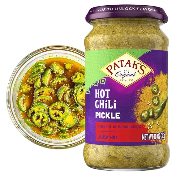 Patak's Hot Chile Pickle, Authentic Indian Relish with Green Chiles, Mustard Seeds & Aromatic Spices, Perfect for Sandwiches, Curries, Salads & Cold Meats, Vegan Spicy, 10 oz Jar