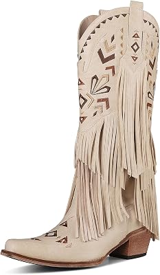 AMINUGAL Womens Fashionable Cowboy Boots Knee High Boot Tassel Embroidered Almond Toe Fringe Pull On Vintage Chunky Heel Cowgirl Western Booties