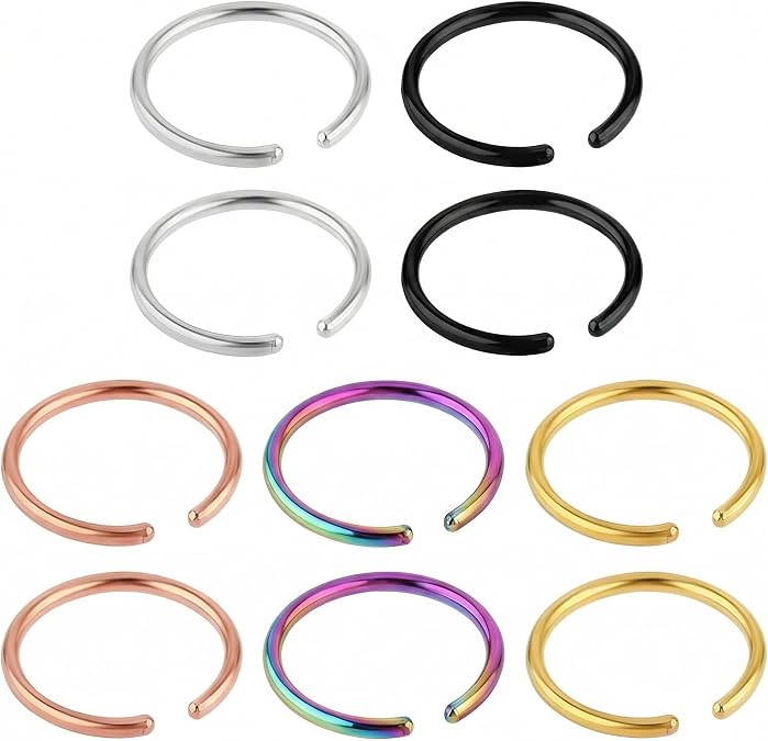 10PCS Round Head Fake Nose Rings, Stainless Steel Non-Pierced Septum Hoop Lip Rings Jewelry for Women Men (8mm Inner Diameter)