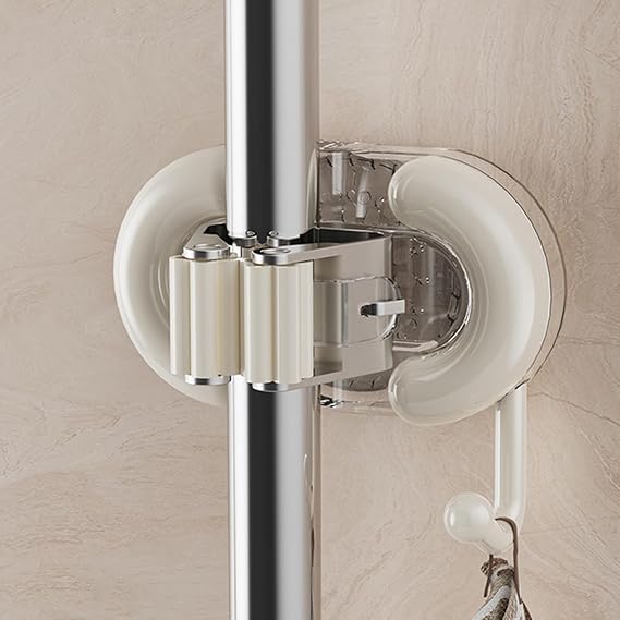 Mop Broom Holder with Hook Suction-cup Type Mop Broom Organizer Wall Mounted with Hanger for Kitchen Bathroom Drill Free Mop Broom Gripper Cleaning Supplies Organizer Utility Holder, Cream White