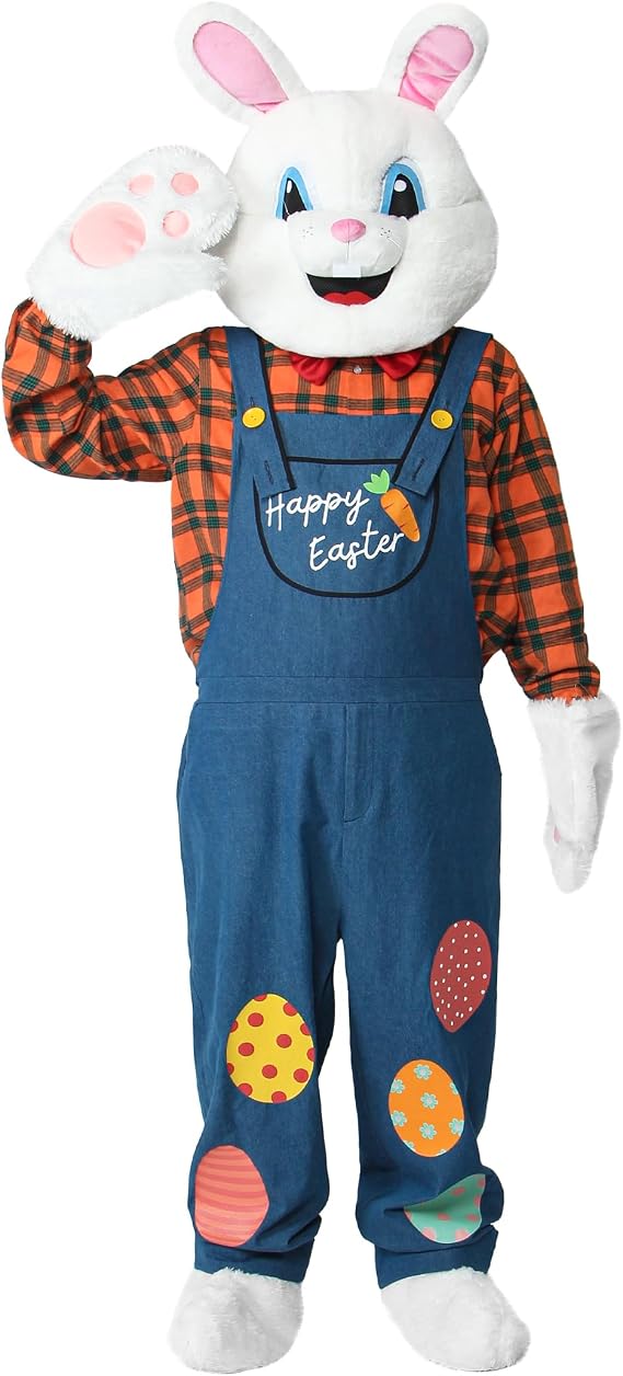 Easter Bunny Costume Adult, Deluxe Rabbit Plush Mascot Costume Outfit with Head Plaid Shirt & Overall Party Suit