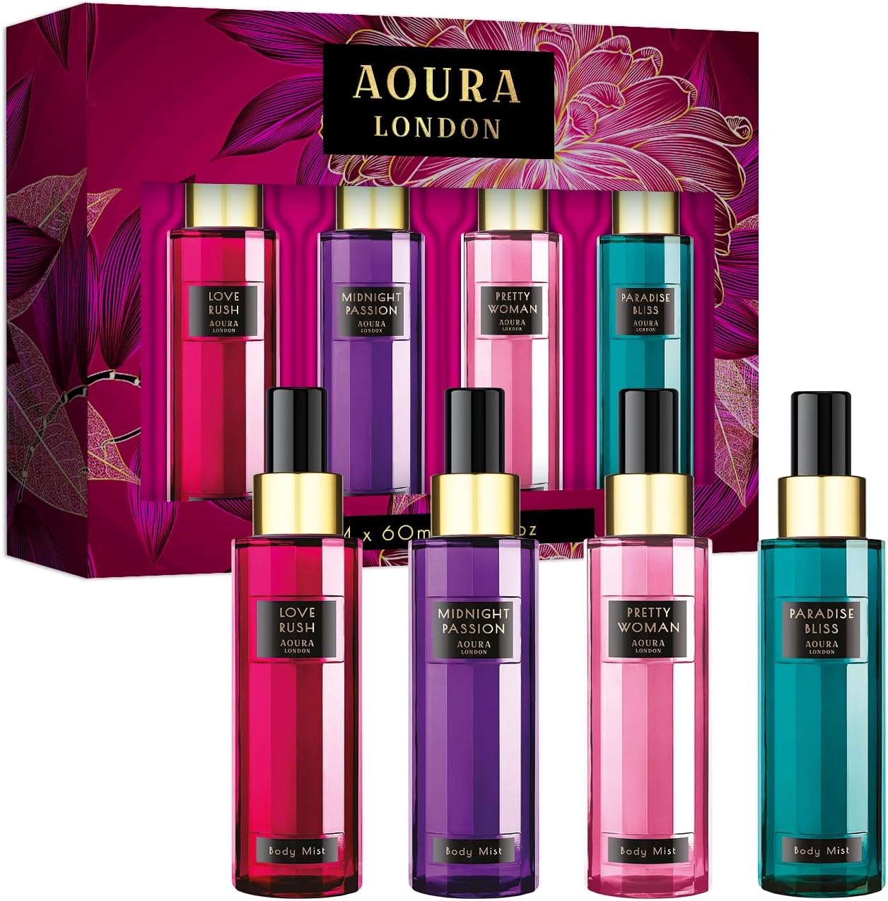 AOURA LONDON Collection Womens Body Mist Gift Set, with Midnight Passion, Love Rush, Pretty Woman, Paradise Bliss, Fragrance Spray Set (4x60ml)