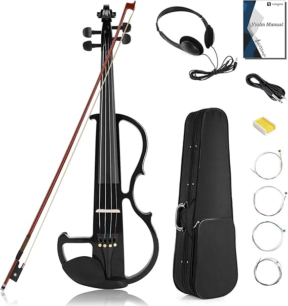 Vangoa Electric Violin 4/4 Full Size Silent Electronic Violin Fiddle, Black | Durable ebony fitting, upgraded pickup with headphone jack, solid wood, beginner Kit for adults teens quiet training practice