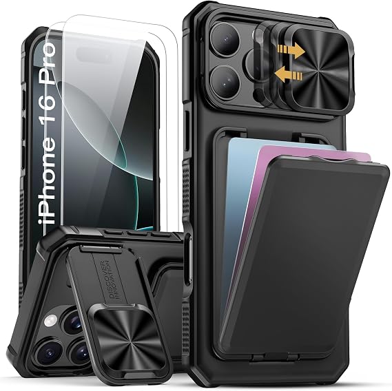 SSLOTSCASE for iPhone 16 Pro Case with Screen Protector, Card Holder, Black