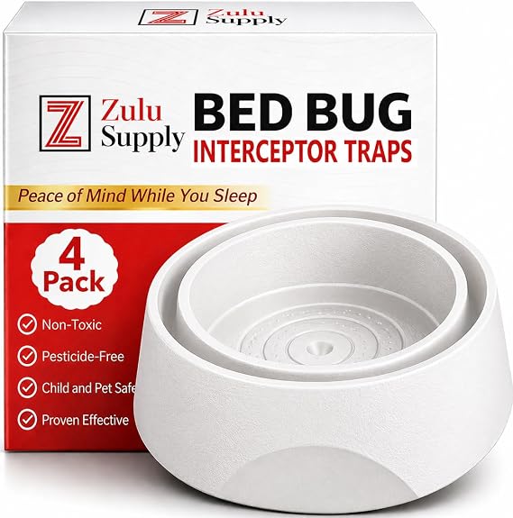 Bed Bug Interceptor Traps White 4-Pack Passive Monitor & Detection Trap Universal Fit for Bed & Furniture Legs Reusable Non-Climbable Wall Pest Control Protection (White 4-Pack)