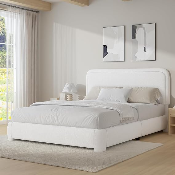 BarnFurin Queen Bed Frame, Boucle Upholstered Platform Bed Frame with Headboard, Modern Style, Soft Rounded Corners, No Box Spring Required, Easy