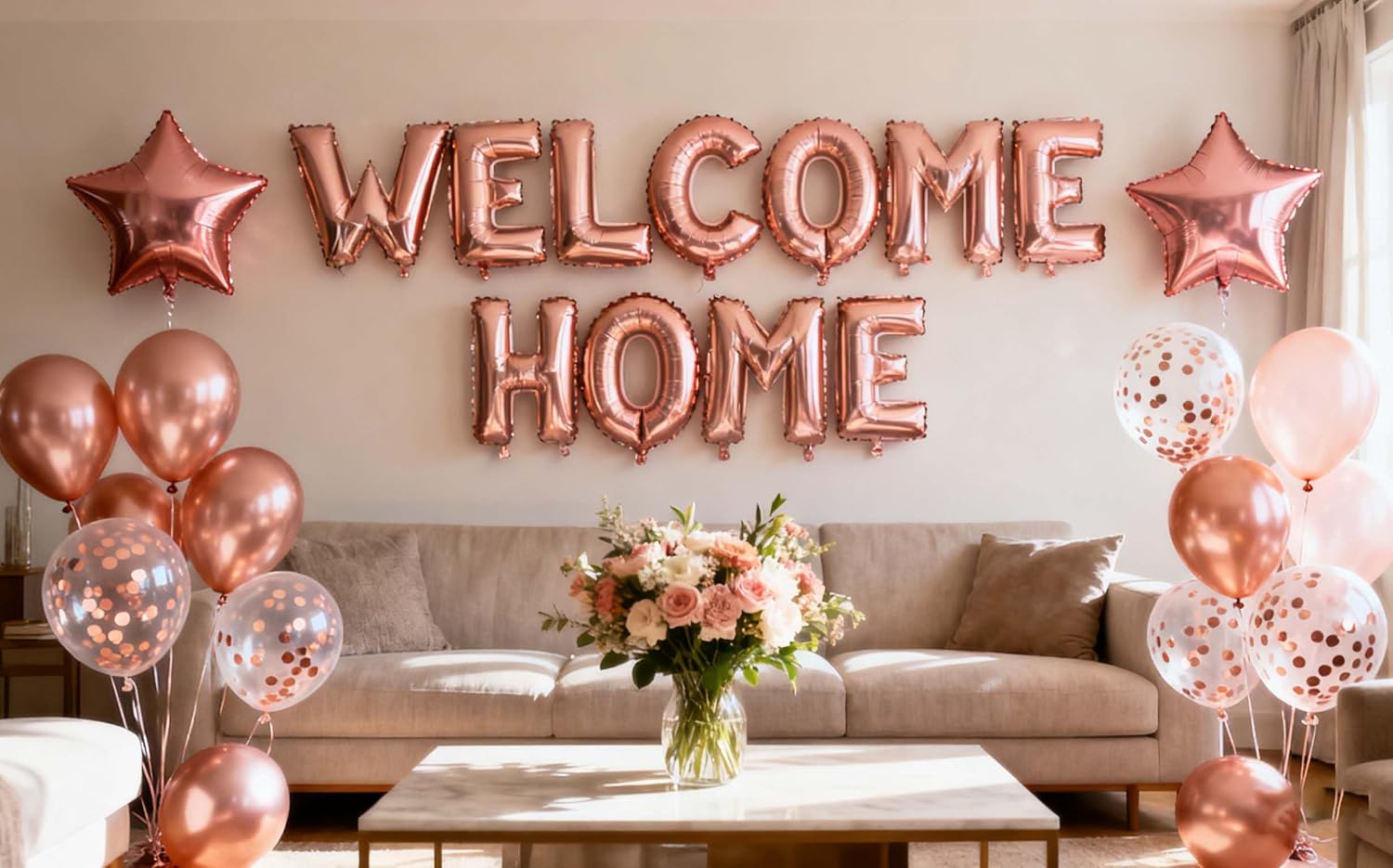 Fechy Welcome Home Letter Balloon Banner with Star Sequin Balloons for Home Family Party Decorations24 Pack Gold rose