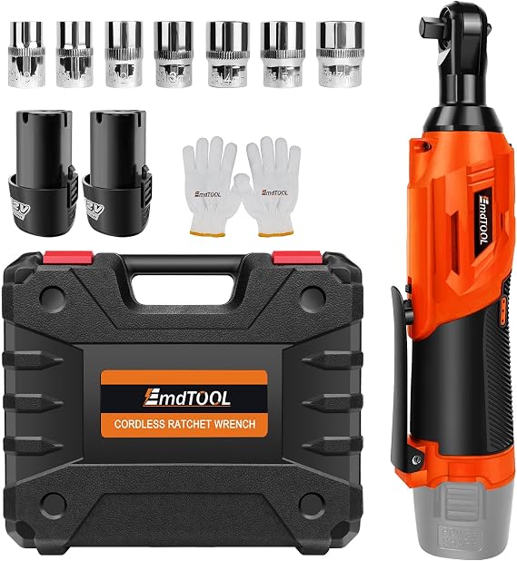 Cordless Ratchet Wrench Set, 3/8" 2300RPM 12V Power Electric Ratchet Driver with 7 Sockets, 2x 1500mAh Batteries and 60-Min Fast Charge -Orange