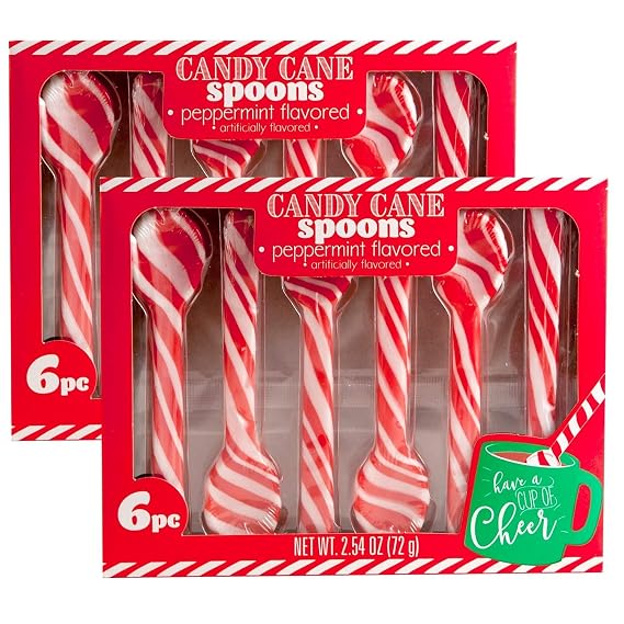 Peppermint Candy Cane Spoons for Hot Chocolate Edible Stirring Spoons for Cocoa, Coffee & Tea Individually Wrapped Christmas Party Favors, Cocoa Bar Accessories, Holiday Treats (12 Pack)