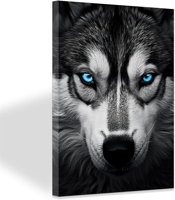 ZXHYWYM Wolf Canvas Pictures Animal Wall Decoration Black White Blue Eyes Wolf Painting Wild Animals Artworks Prints for Office Home Decoration with Frame (W (30.00 x 45.00 cms)