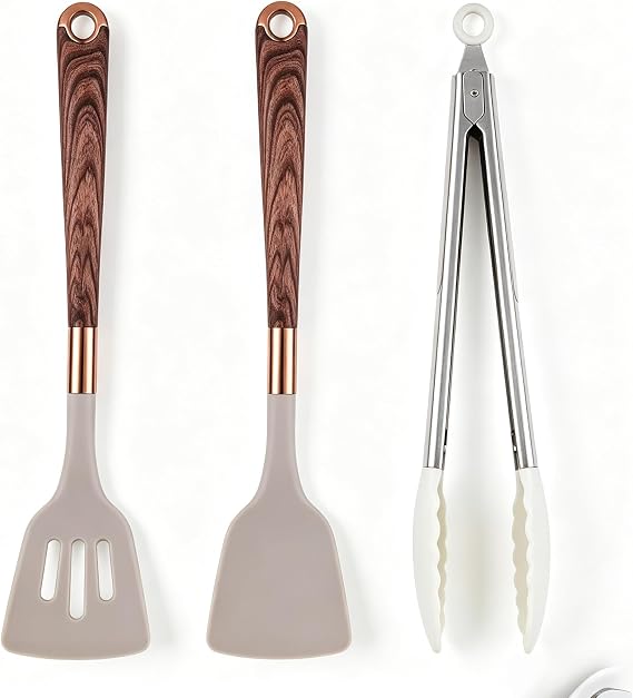 3 Pack Silicone Spatula Set, Wood Handle, Includes, Scraper, Spatula, and Tongs