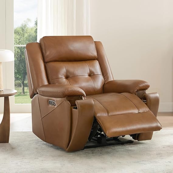Watson & Whitely Genuine Leather Power Recliner Chair for Adults, Wall Hugger Recliner with Power Headrest, Cup Holders & Charging